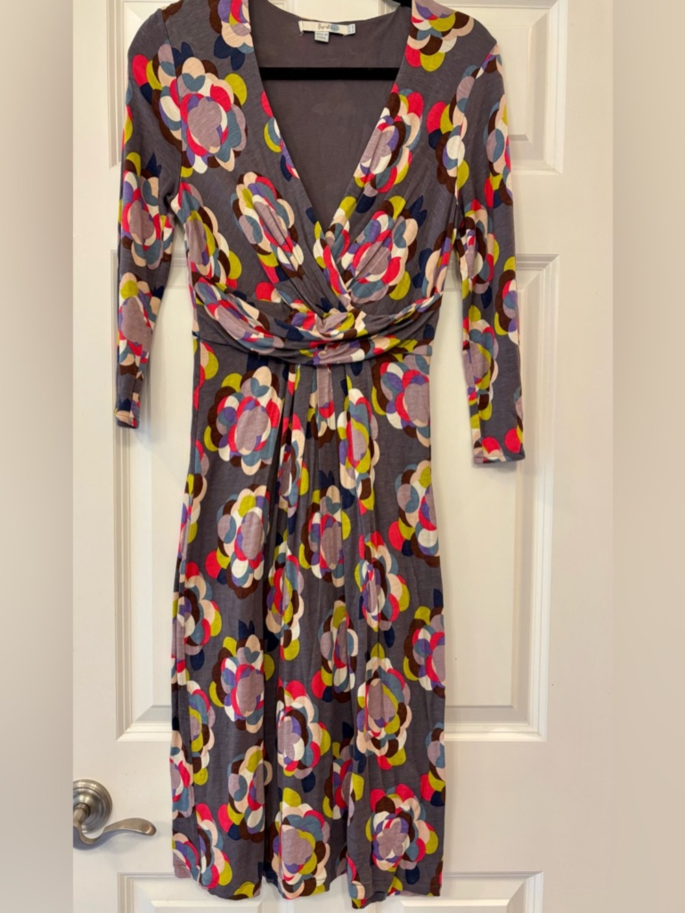 Boden Gray Multi-Color Floral Faux Wrap Midi Dress